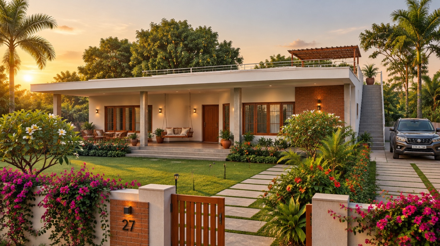 Render of a white single-storey farmhouse with a deep front verandah, lawn, bougainvillea and a staircase to the roof terrace