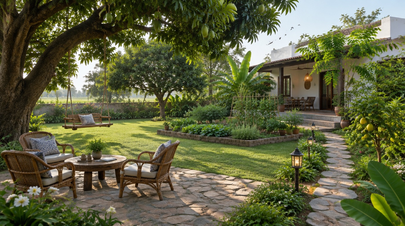 Back garden with mango trees, a swing and a kitchen garden