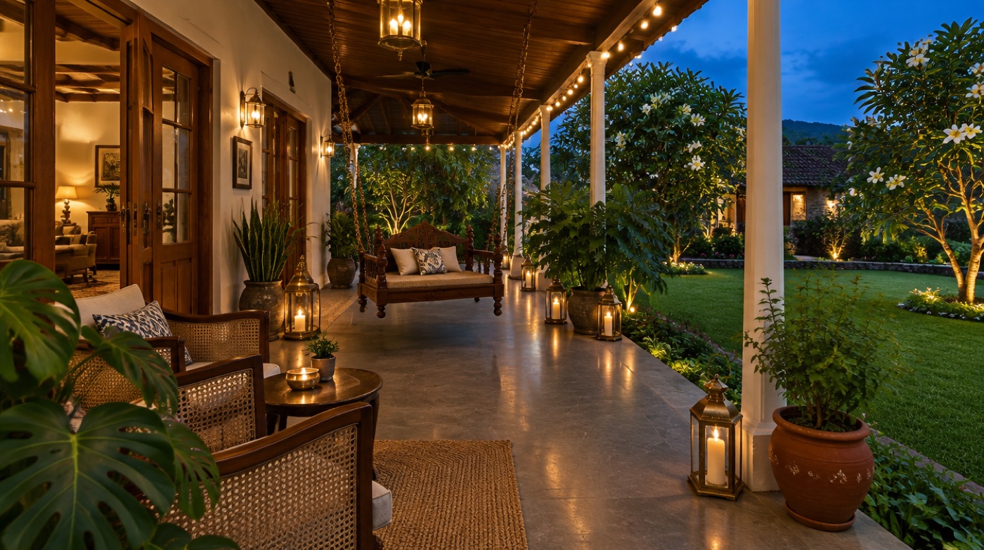 Front verandah in the evening with a jhula swing
