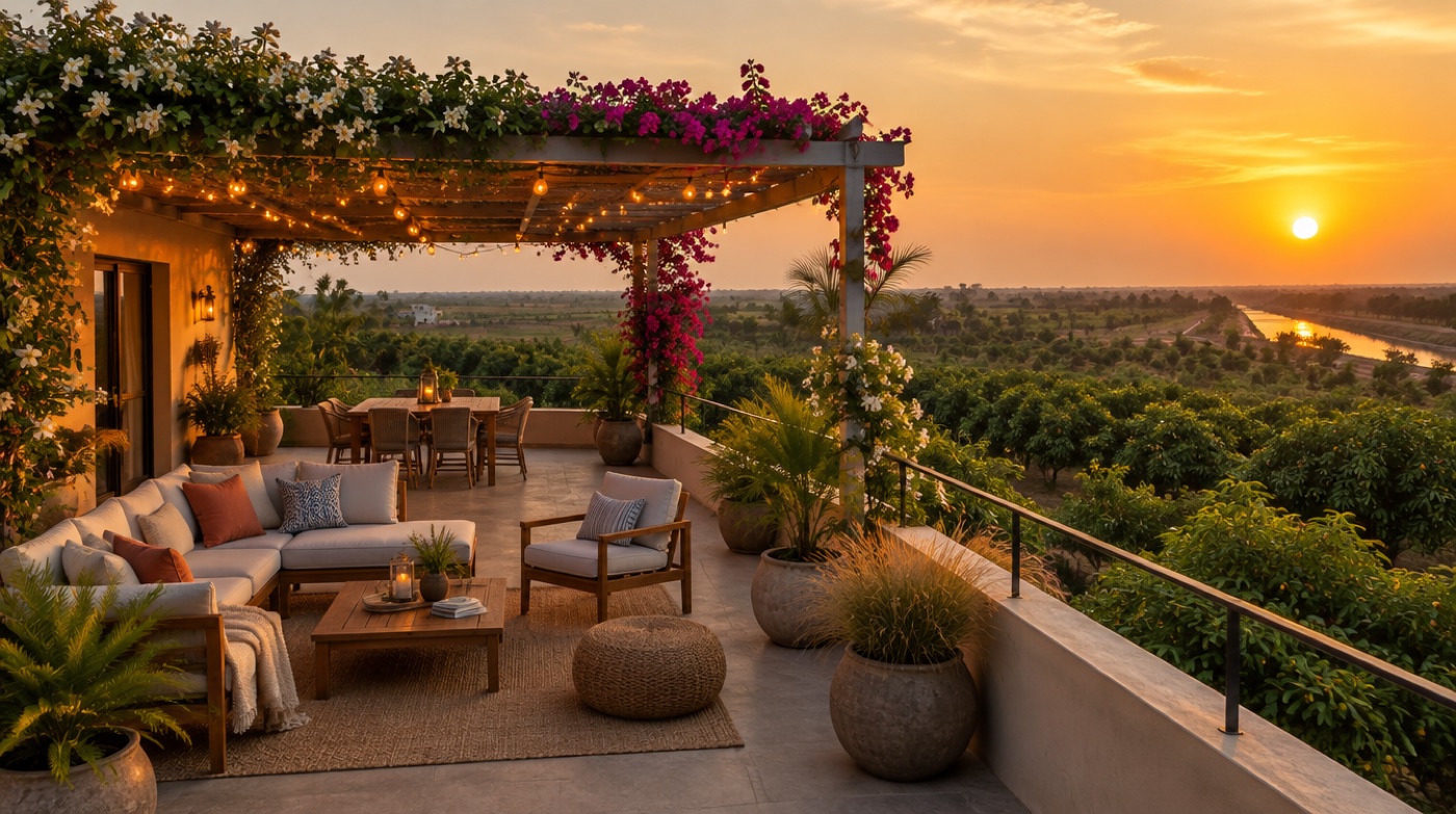Roof terrace at sunset with a pergola and seating