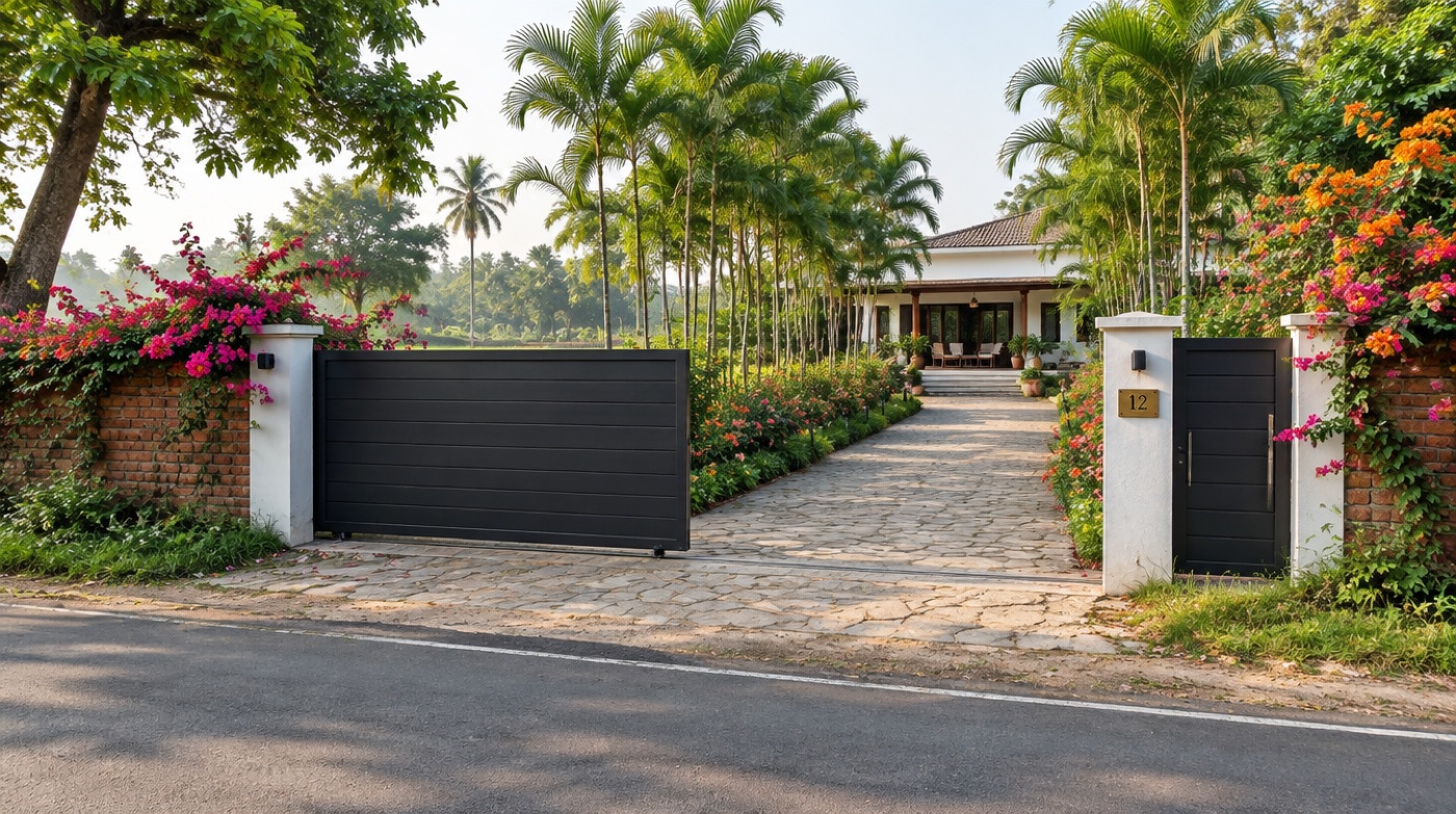 Entrance with bougainvillea on the wall and separate car and pedestrian gates