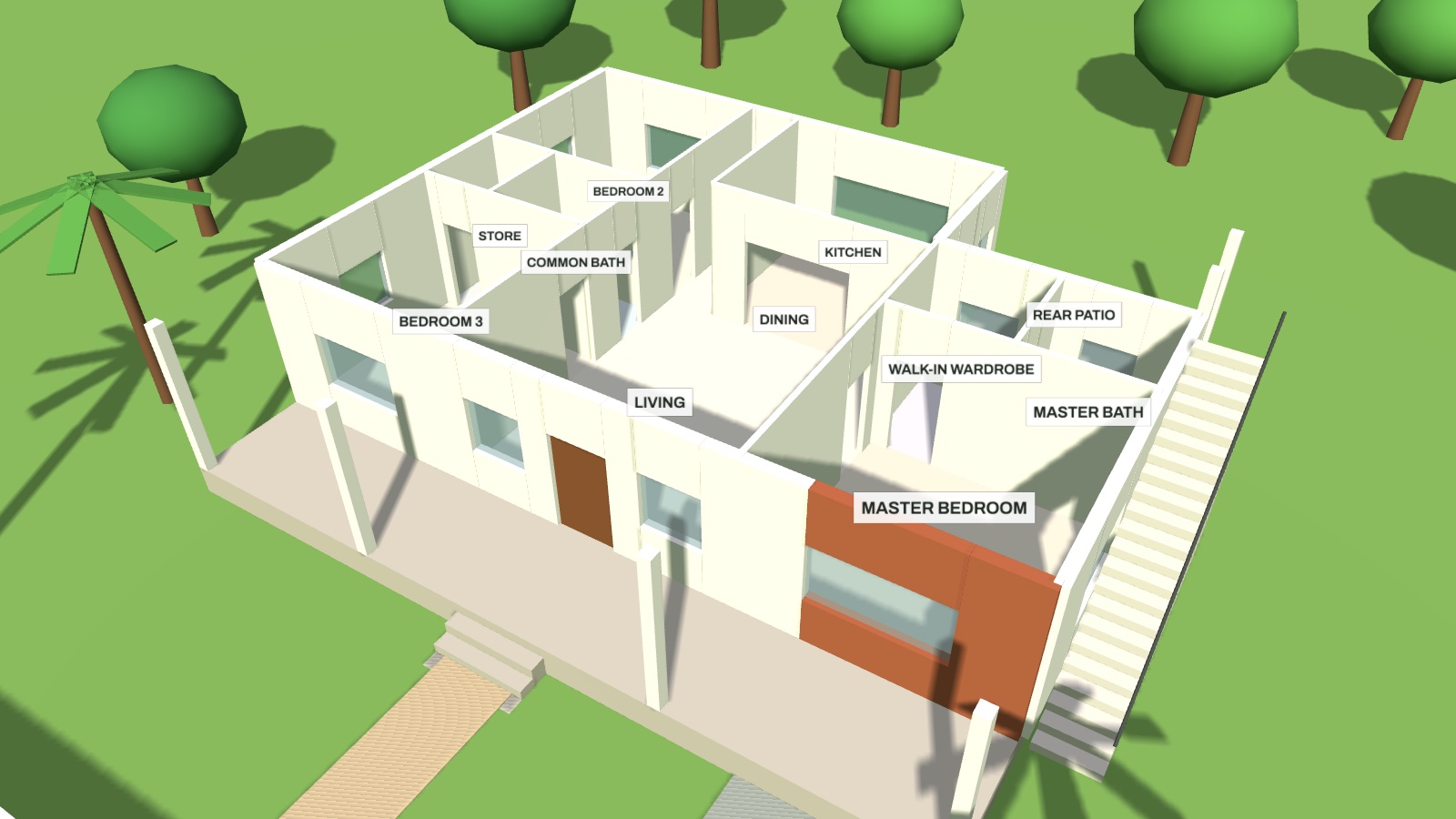 3D cutaway of Model A with the roof removed and rooms labelled