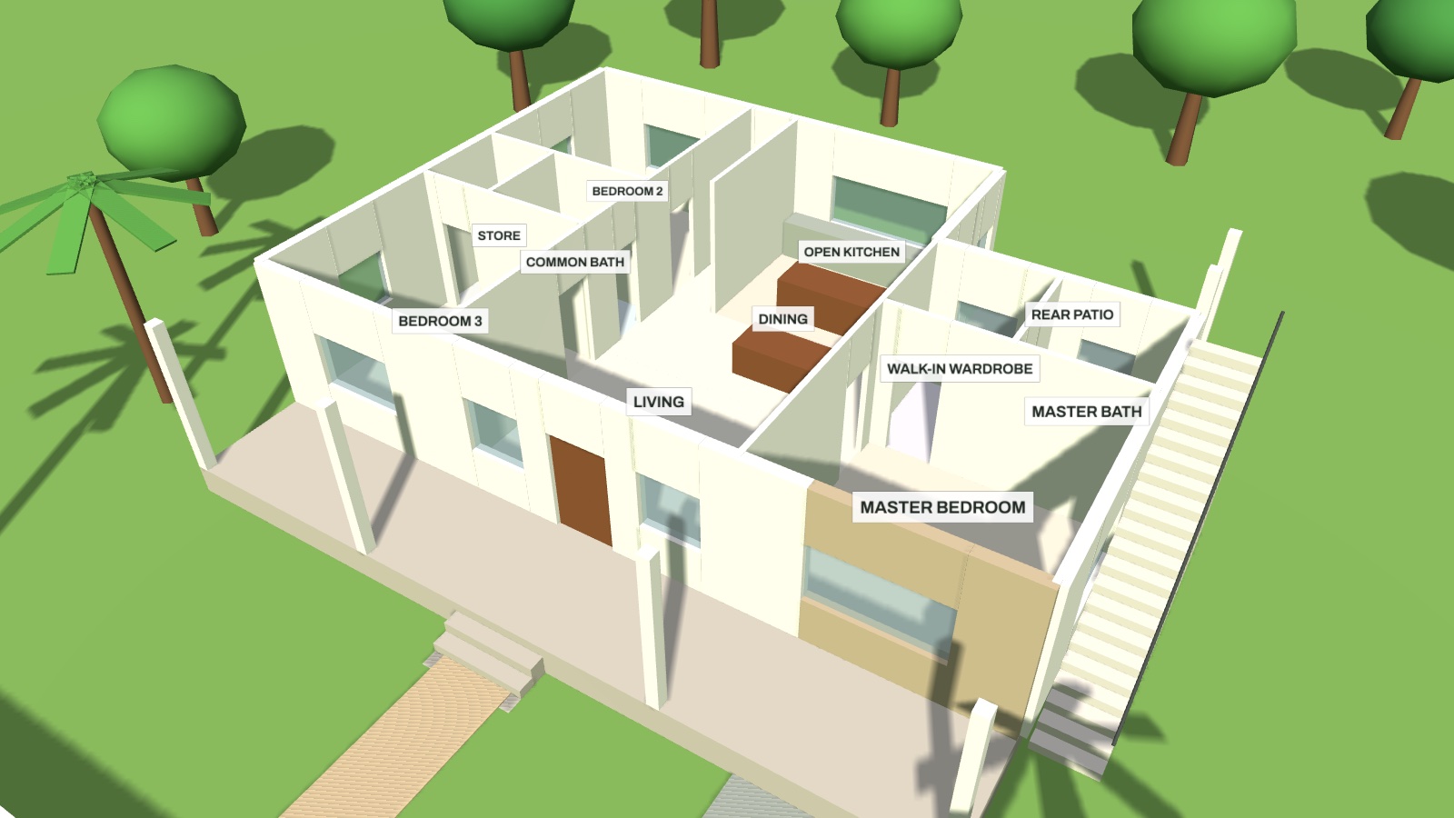 3D cutaway of Model B with the roof removed and rooms labelled