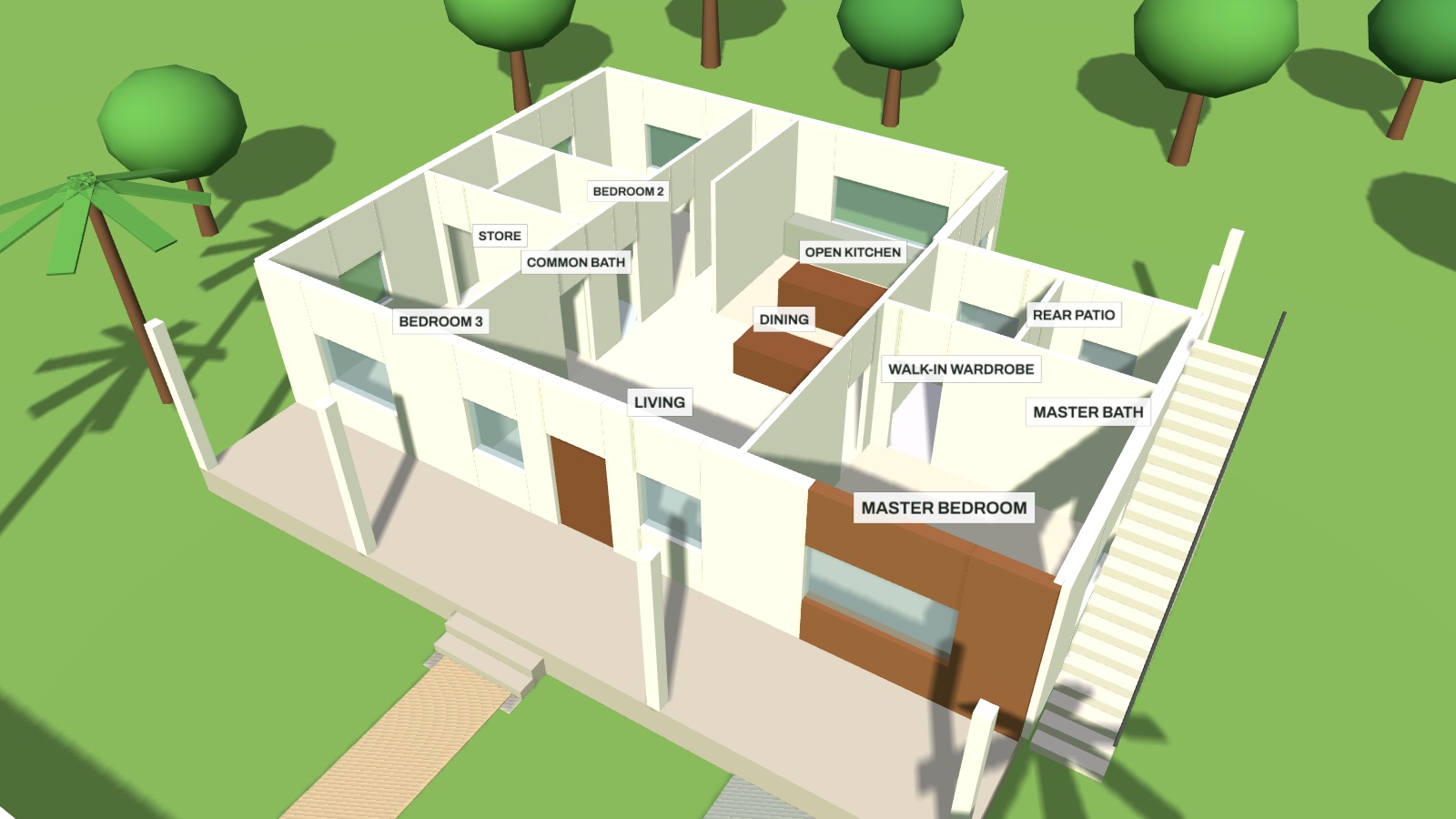 3D cutaway of Model C with the roof removed and rooms labelled
