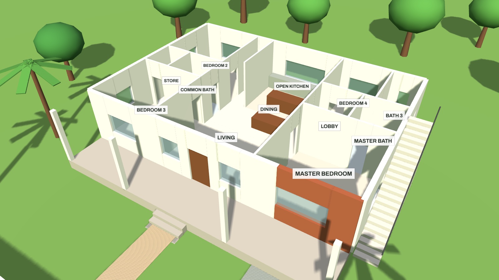 3D cutaway of Model D with the roof removed and rooms labelled