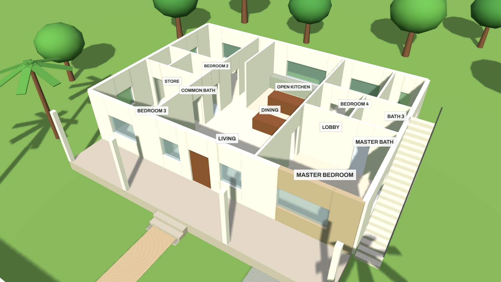 3D cutaway of Model E with the roof removed and rooms labelled
