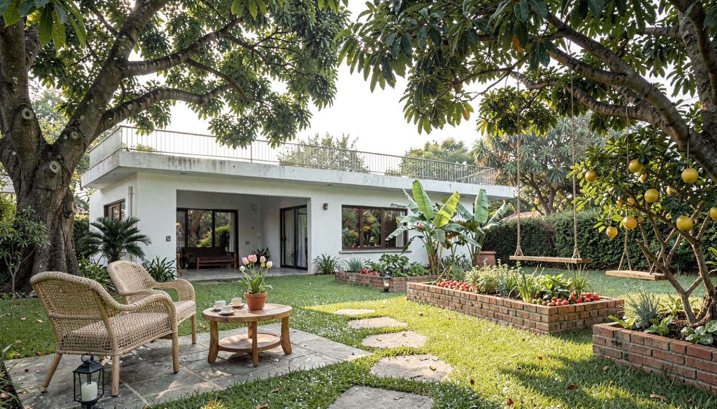 Back garden with lawn, raised vegetable beds and cane chairs behind a flat-roofed house