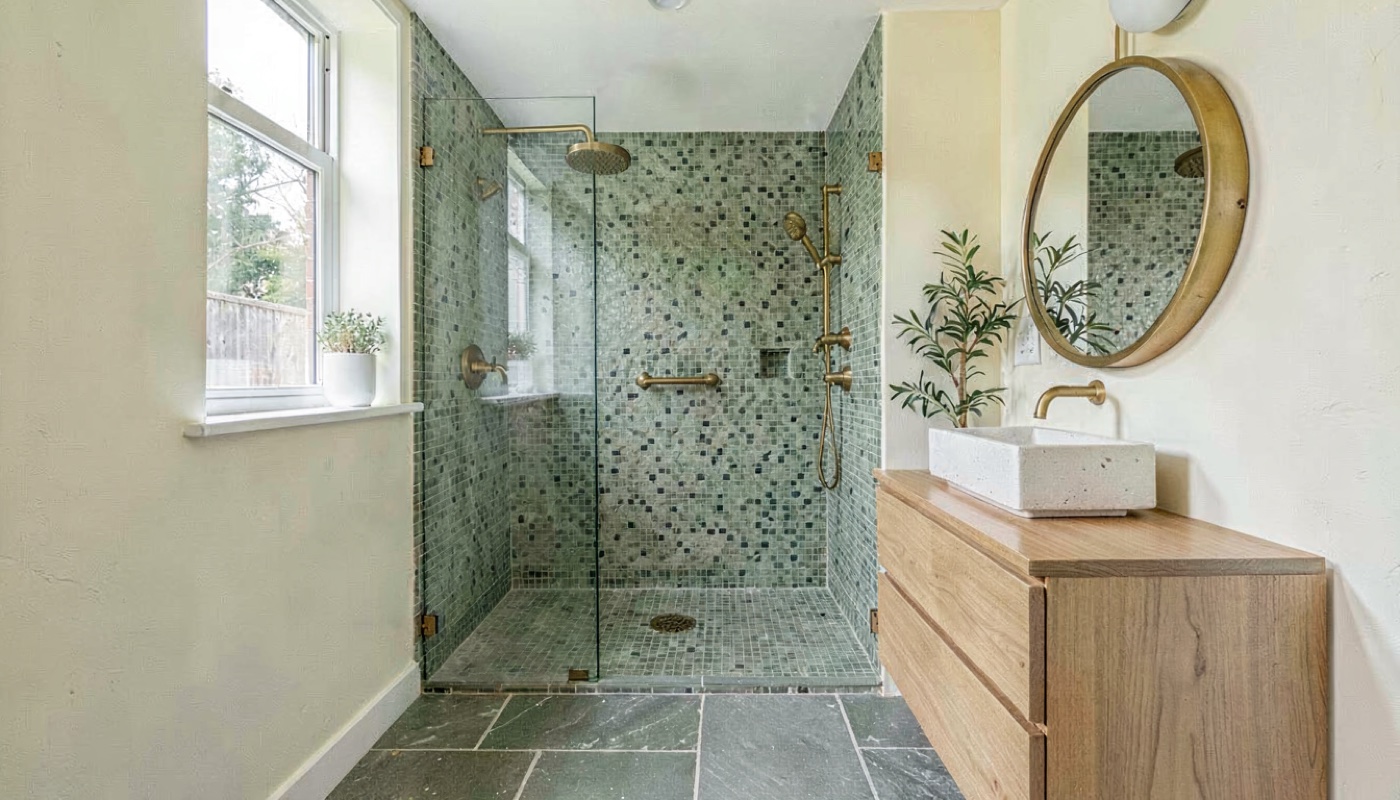 Master bathroom with walk-in shower and teak vanity