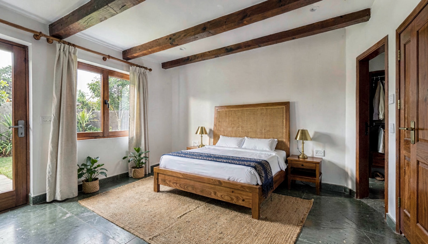Master bedroom with teak bed and walk-in wardrobe door