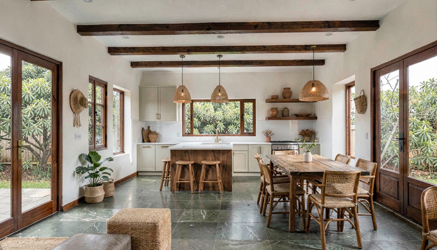 Open kitchen with a teak island, cane stools and a dining table