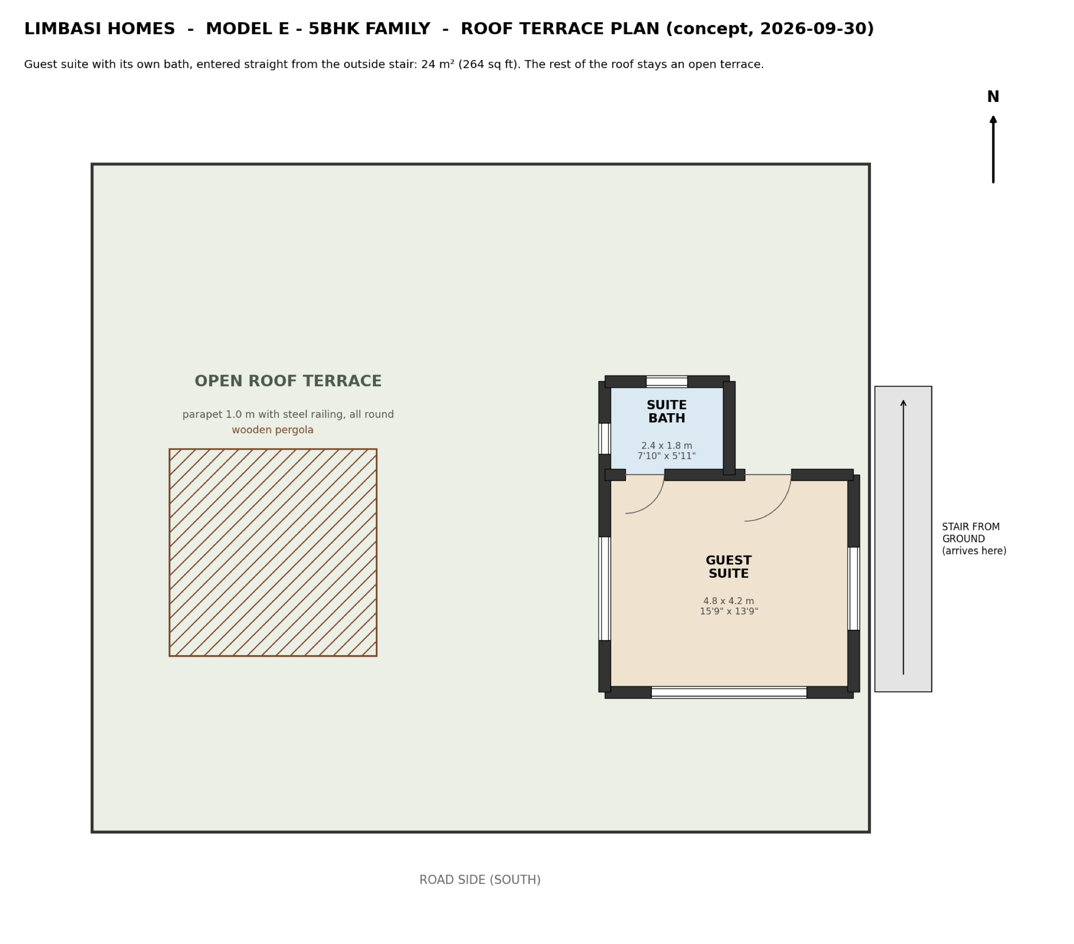 Model E roof terrace plan with the guest suite