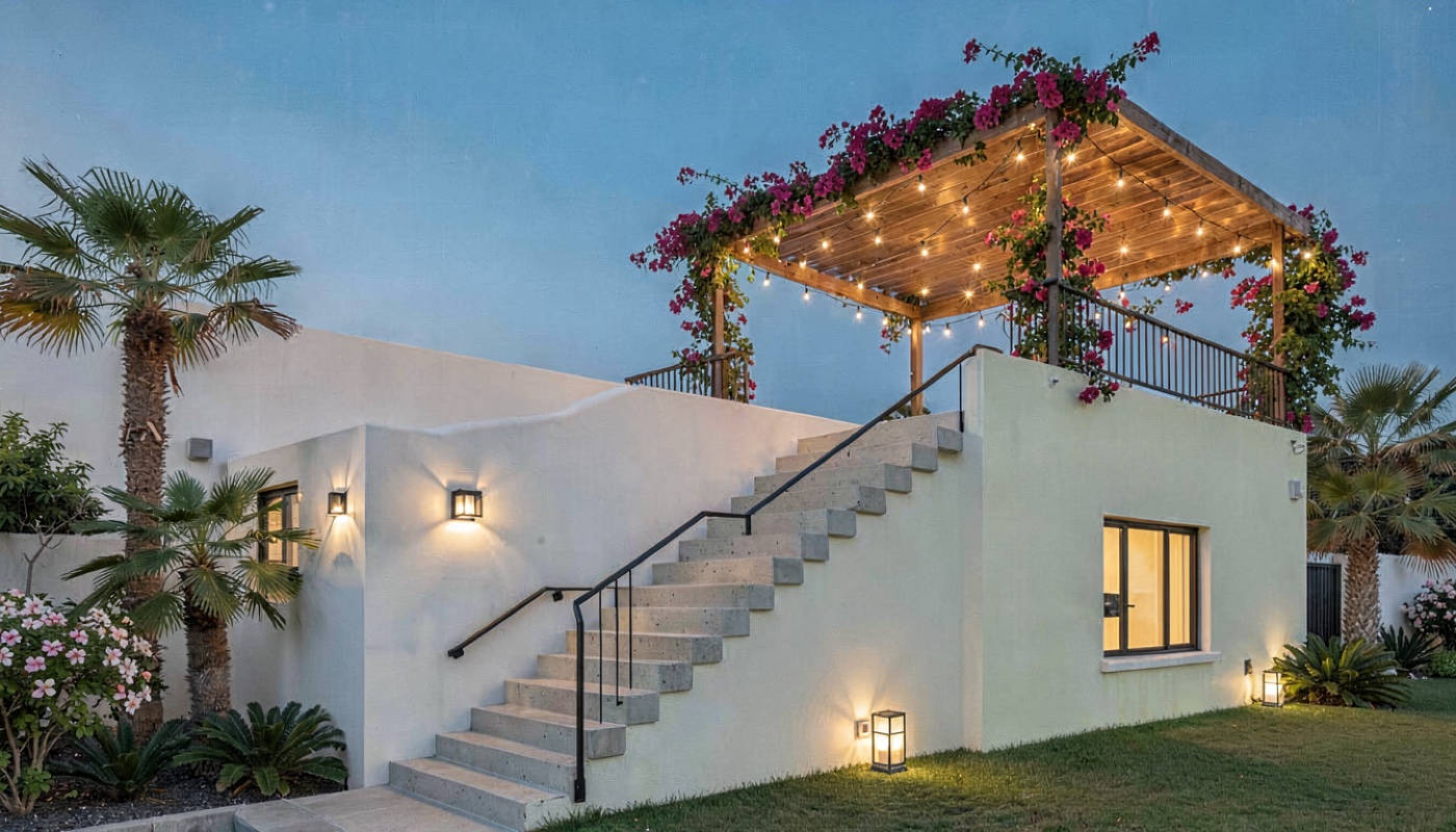 Outside stair climbing to the roof terrace pergola in the evening