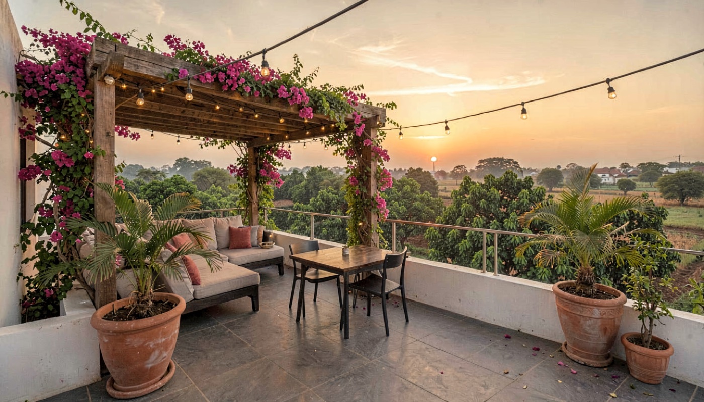 Roof terrace with a pergola covered in bougainvillea