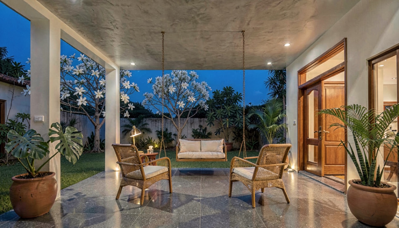 Front verandah with cane chairs and a swing under string lights